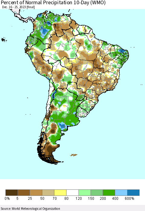 South America Percent of Normal Precipitation 10-Day (WMO) Thematic Map For 12/16/2023 - 12/25/2023