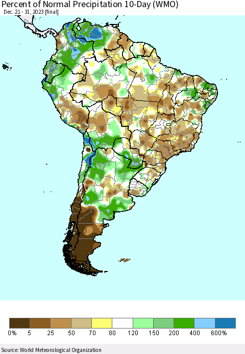 South America Percent of Normal Precipitation 10-Day (WMO) Thematic Map For 12/21/2023 - 12/31/2023