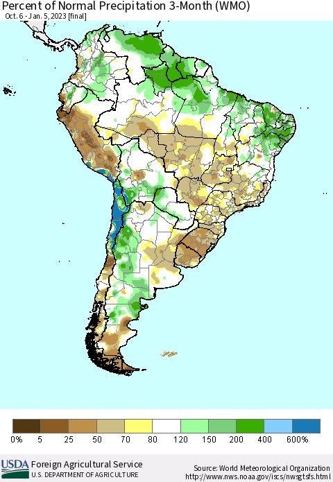 South America Percent of Normal Precipitation 3-Month (WMO) Thematic Map For 10/6/2022 - 1/5/2023