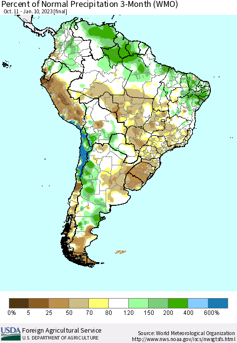 South America Percent of Normal Precipitation 3-Month (WMO) Thematic Map For 10/11/2022 - 1/10/2023