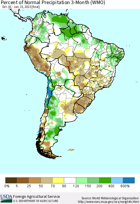 South America Percent of Normal Precipitation 3-Month (WMO) Thematic Map For 10/16/2022 - 1/15/2023