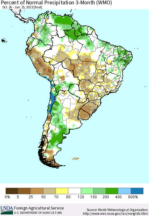 South America Percent of Normal Precipitation 3-Month (WMO) Thematic Map For 10/26/2022 - 1/25/2023
