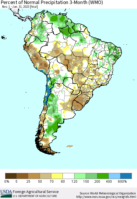South America Percent of Normal Precipitation 3-Month (WMO) Thematic Map For 11/1/2022 - 1/31/2023