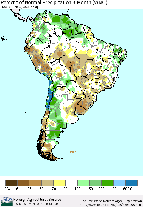 South America Percent of Normal Precipitation 3-Month (WMO) Thematic Map For 11/6/2022 - 2/5/2023