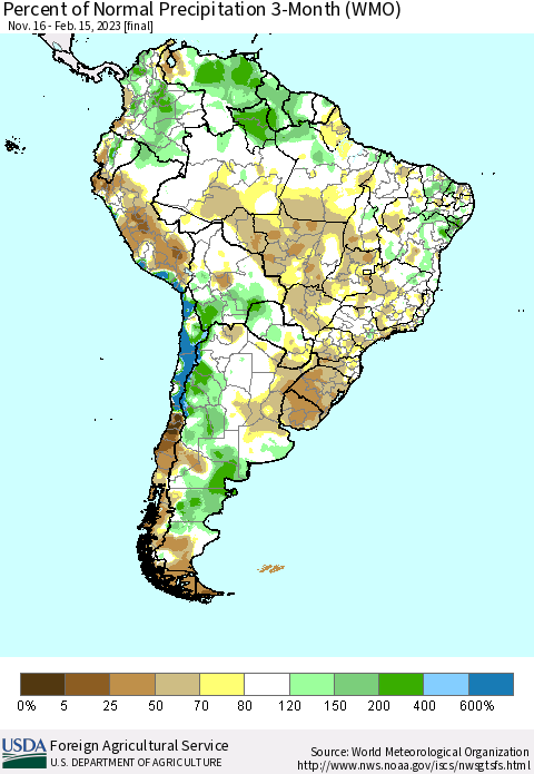 South America Percent of Normal Precipitation 3-Month (WMO) Thematic Map For 11/16/2022 - 2/15/2023