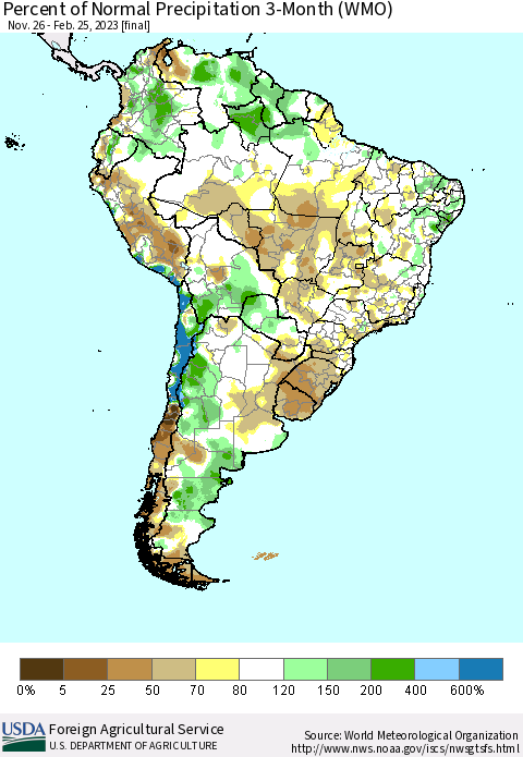 South America Percent of Normal Precipitation 3-Month (WMO) Thematic Map For 11/26/2022 - 2/25/2023