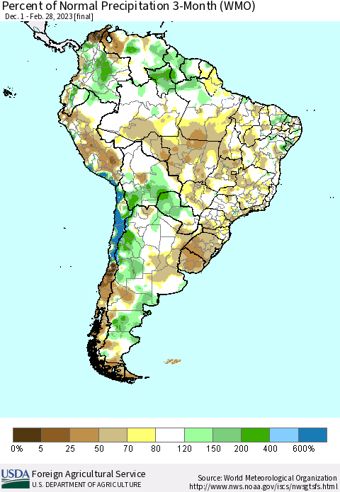 South America Percent of Normal Precipitation 3-Month (WMO) Thematic Map For 12/1/2022 - 2/28/2023