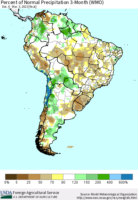 South America Percent of Normal Precipitation 3-Month (WMO) Thematic Map For 12/6/2022 - 3/5/2023