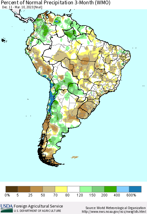 South America Percent of Normal Precipitation 3-Month (WMO) Thematic Map For 12/11/2022 - 3/10/2023