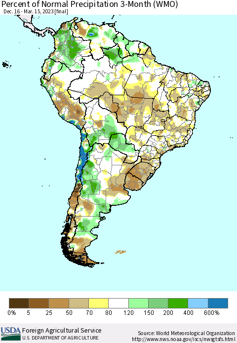 South America Percent of Normal Precipitation 3-Month (WMO) Thematic Map For 12/16/2022 - 3/15/2023