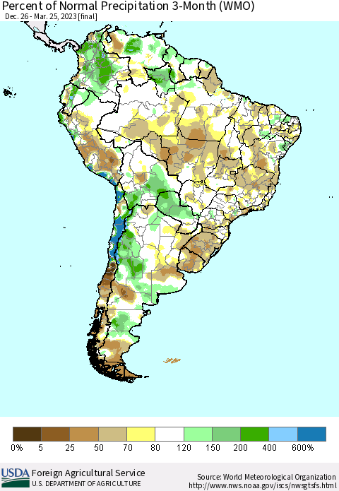South America Percent of Normal Precipitation 3-Month (WMO) Thematic Map For 12/26/2022 - 3/25/2023