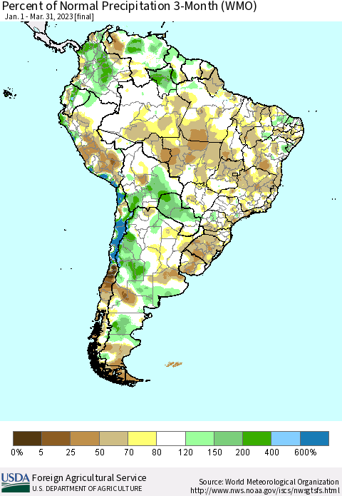 South America Percent of Normal Precipitation 3-Month (WMO) Thematic Map For 1/1/2023 - 3/31/2023