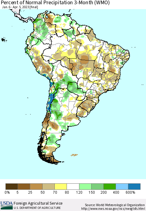 South America Percent of Normal Precipitation 3-Month (WMO) Thematic Map For 1/6/2023 - 4/5/2023