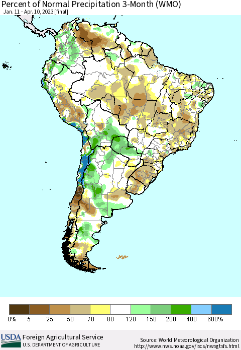 South America Percent of Normal Precipitation 3-Month (WMO) Thematic Map For 1/11/2023 - 4/10/2023