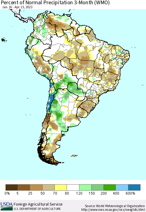 South America Percent of Normal Precipitation 3-Month (WMO) Thematic Map For 1/16/2023 - 4/15/2023