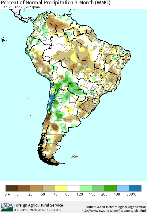 South America Percent of Normal Precipitation 3-Month (WMO) Thematic Map For 1/21/2023 - 4/20/2023
