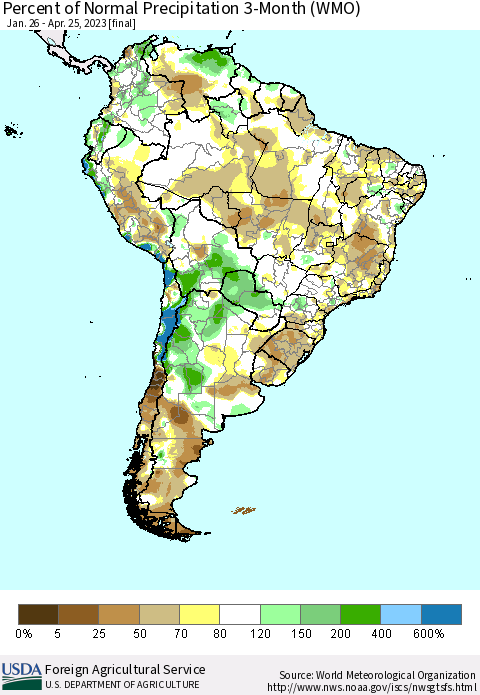 South America Percent of Normal Precipitation 3-Month (WMO) Thematic Map For 1/26/2023 - 4/25/2023