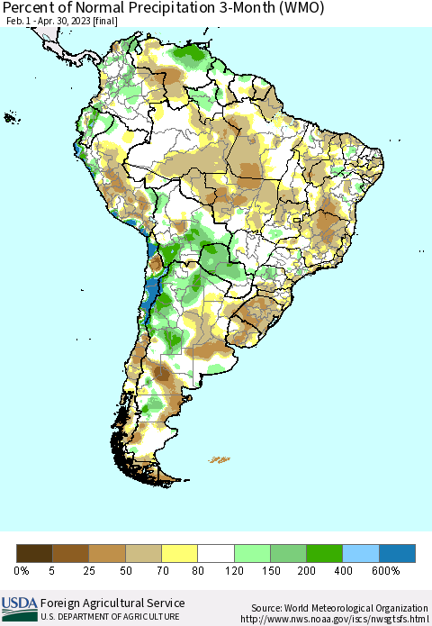 South America Percent of Normal Precipitation 3-Month (WMO) Thematic Map For 2/1/2023 - 4/30/2023