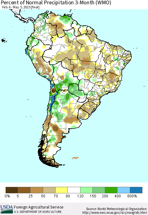 South America Percent of Normal Precipitation 3-Month (WMO) Thematic Map For 2/6/2023 - 5/5/2023