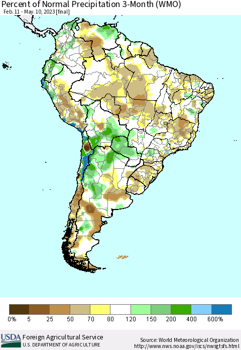 South America Percent of Normal Precipitation 3-Month (WMO) Thematic Map For 2/11/2023 - 5/10/2023