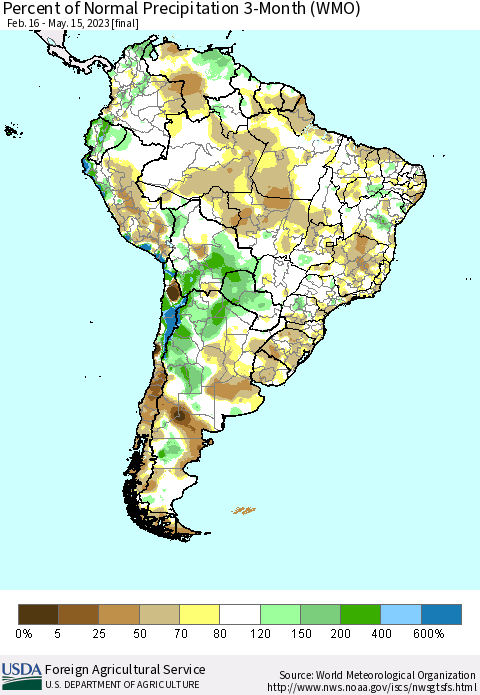 South America Percent of Normal Precipitation 3-Month (WMO) Thematic Map For 2/16/2023 - 5/15/2023