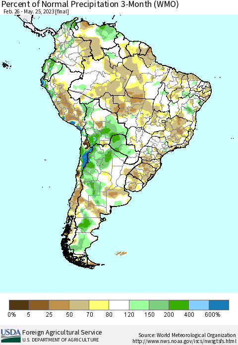 South America Percent of Normal Precipitation 3-Month (WMO) Thematic Map For 2/26/2023 - 5/25/2023