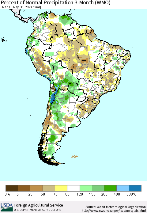South America Percent of Normal Precipitation 3-Month (WMO) Thematic Map For 3/1/2023 - 5/31/2023