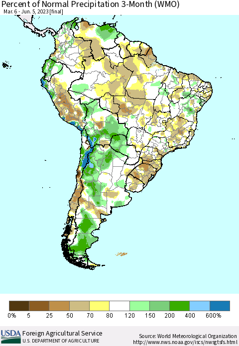 South America Percent of Normal Precipitation 3-Month (WMO) Thematic Map For 3/6/2023 - 6/5/2023