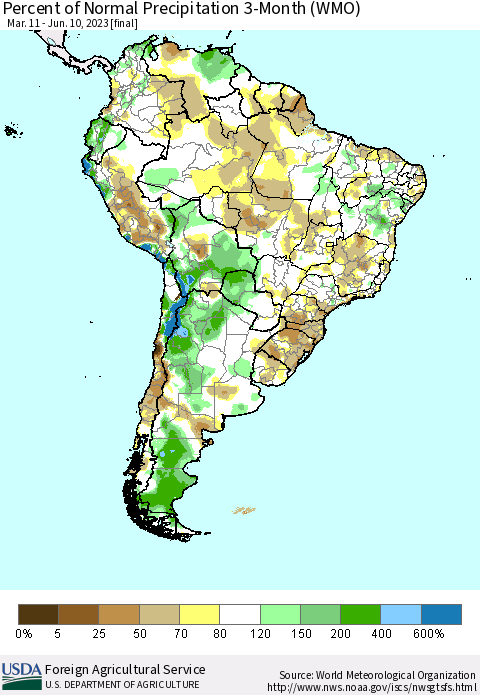 South America Percent of Normal Precipitation 3-Month (WMO) Thematic Map For 3/11/2023 - 6/10/2023