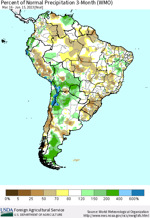 South America Percent of Normal Precipitation 3-Month (WMO) Thematic Map For 3/16/2023 - 6/15/2023