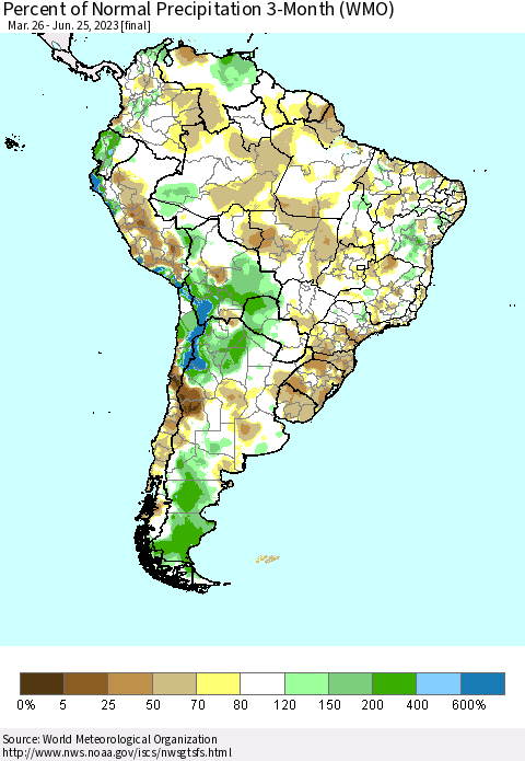 South America Percent of Normal Precipitation 3-Month (WMO) Thematic Map For 3/26/2023 - 6/25/2023