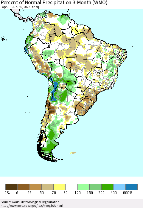 South America Percent of Normal Precipitation 3-Month (WMO) Thematic Map For 4/1/2023 - 6/30/2023