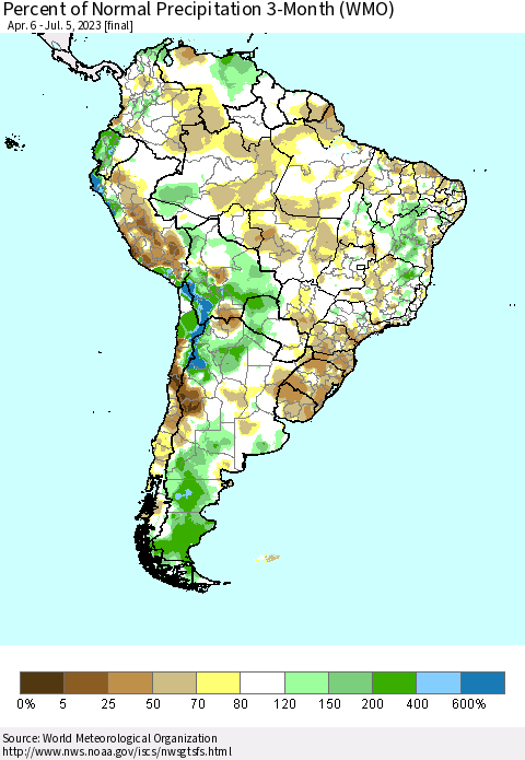South America Percent of Normal Precipitation 3-Month (WMO) Thematic Map For 4/6/2023 - 7/5/2023
