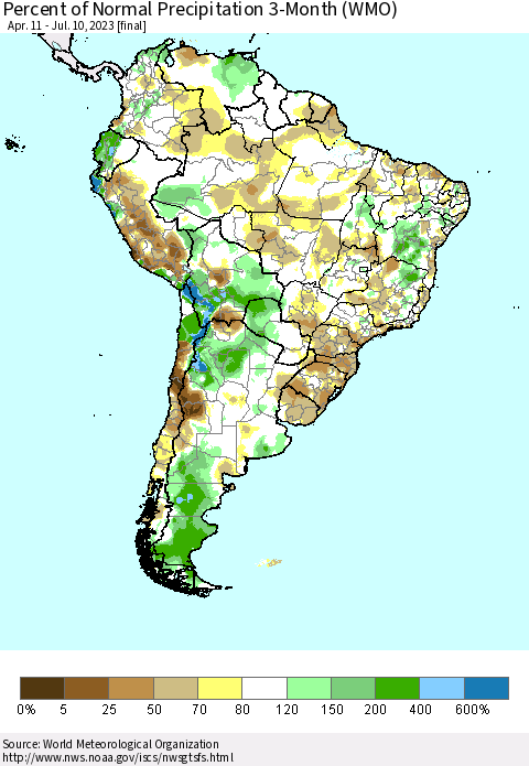 South America Percent of Normal Precipitation 3-Month (WMO) Thematic Map For 4/11/2023 - 7/10/2023