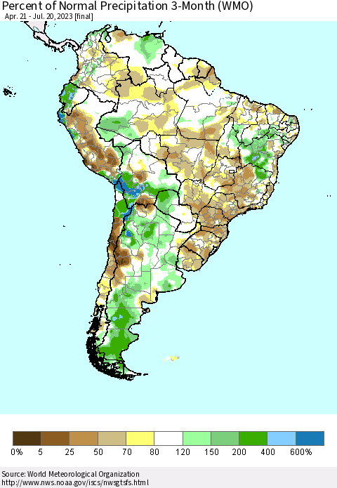 South America Percent of Normal Precipitation 3-Month (WMO) Thematic Map For 4/21/2023 - 7/20/2023
