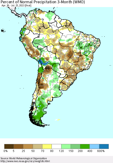 South America Percent of Normal Precipitation 3-Month (WMO) Thematic Map For 4/26/2023 - 7/25/2023