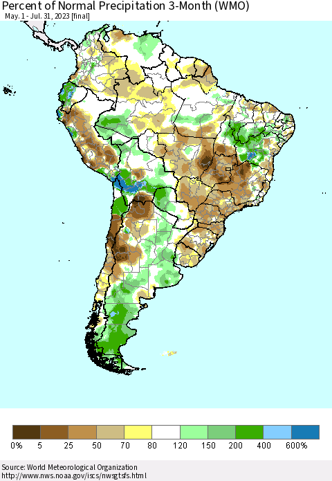 South America Percent of Normal Precipitation 3-Month (WMO) Thematic Map For 5/1/2023 - 7/31/2023