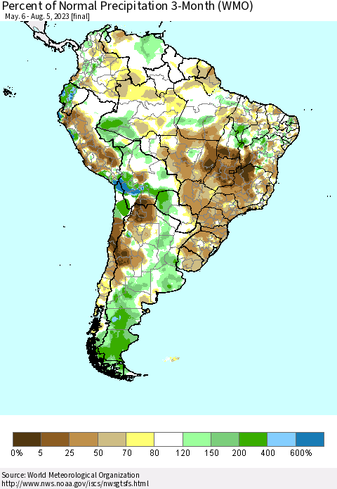 South America Percent of Normal Precipitation 3-Month (WMO) Thematic Map For 5/6/2023 - 8/5/2023