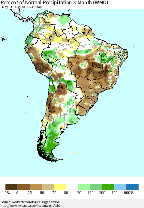 South America Percent of Normal Precipitation 3-Month (WMO) Thematic Map For 5/11/2023 - 8/10/2023