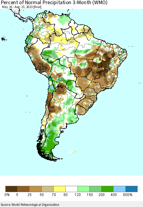South America Percent of Normal Precipitation 3-Month (WMO) Thematic Map For 5/16/2023 - 8/15/2023