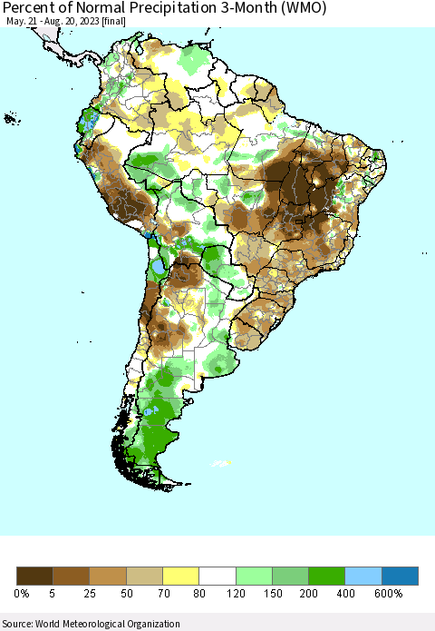 South America Percent of Normal Precipitation 3-Month (WMO) Thematic Map For 5/21/2023 - 8/20/2023