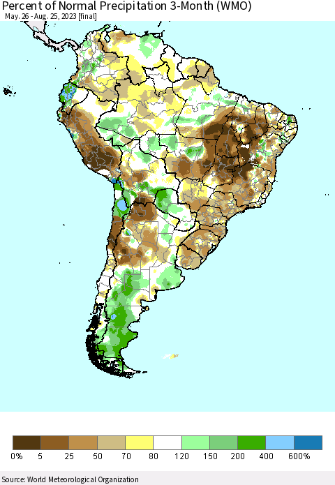South America Percent of Normal Precipitation 3-Month (WMO) Thematic Map For 5/26/2023 - 8/25/2023