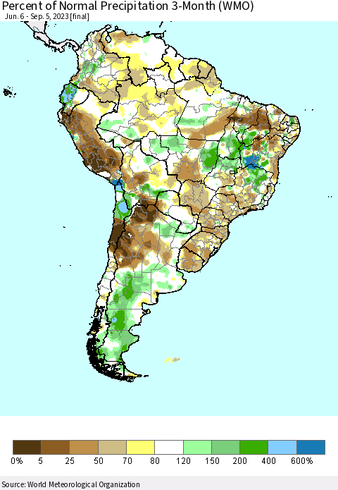 South America Percent of Normal Precipitation 3-Month (WMO) Thematic Map For 6/6/2023 - 9/5/2023
