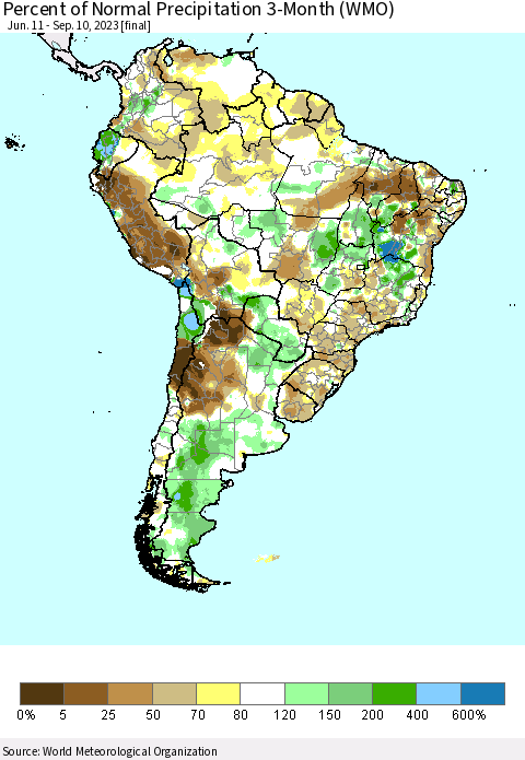South America Percent of Normal Precipitation 3-Month (WMO) Thematic Map For 6/11/2023 - 9/10/2023