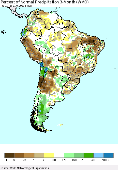 South America Percent of Normal Precipitation 3-Month (WMO) Thematic Map For 7/1/2023 - 9/30/2023