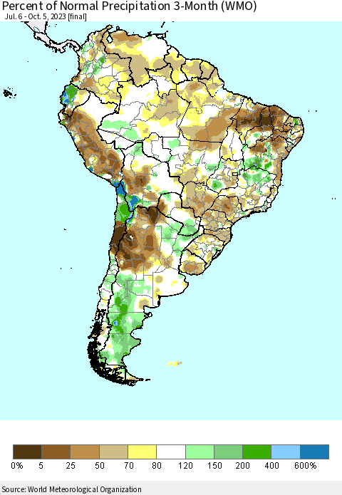 South America Percent of Normal Precipitation 3-Month (WMO) Thematic Map For 7/6/2023 - 10/5/2023