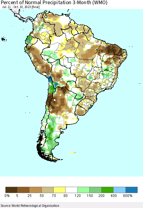 South America Percent of Normal Precipitation 3-Month (WMO) Thematic Map For 7/11/2023 - 10/10/2023