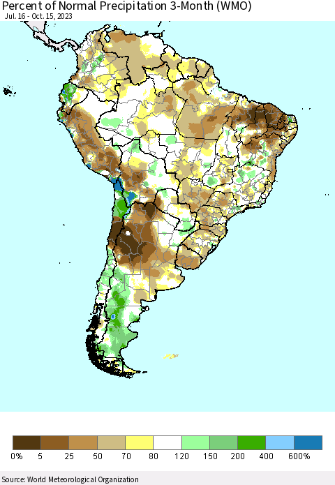 South America Percent of Normal Precipitation 3-Month (WMO) Thematic Map For 7/16/2023 - 10/15/2023