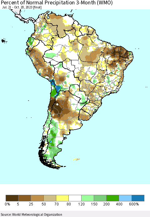 South America Percent of Normal Precipitation 3-Month (WMO) Thematic Map For 7/21/2023 - 10/20/2023