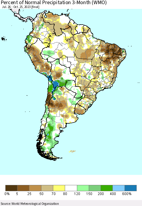 South America Percent of Normal Precipitation 3-Month (WMO) Thematic Map For 7/26/2023 - 10/25/2023